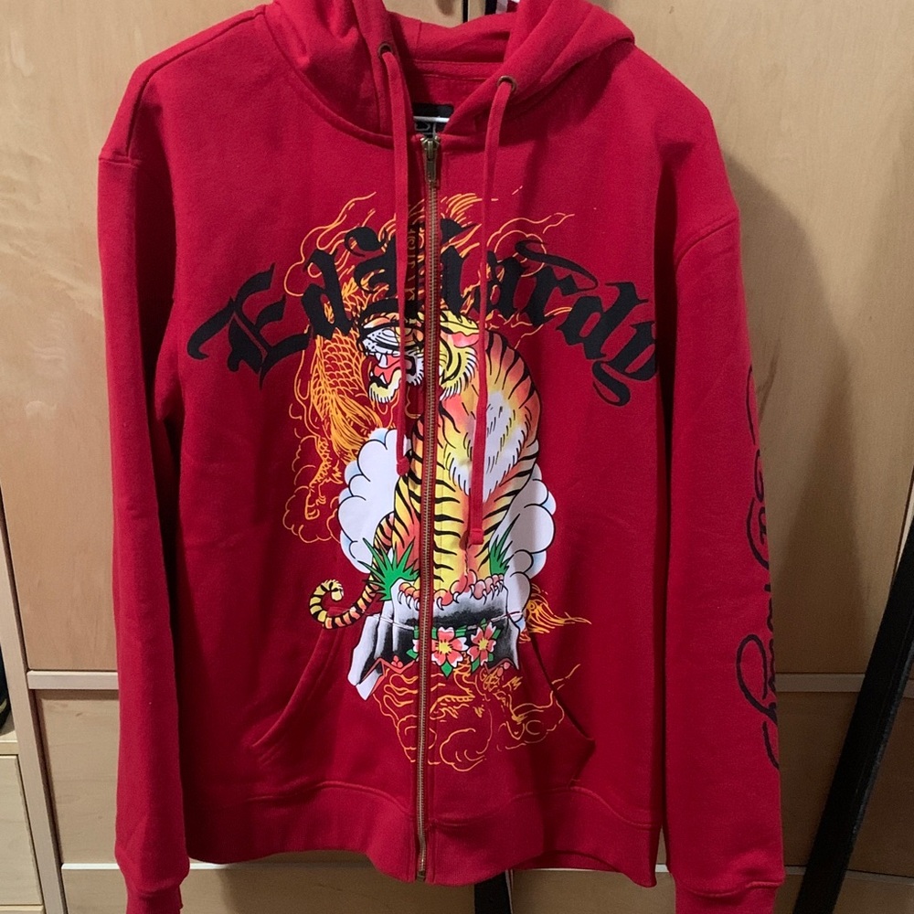 Ed Hardy Red Zip Up Sweater with Tiger Graphic